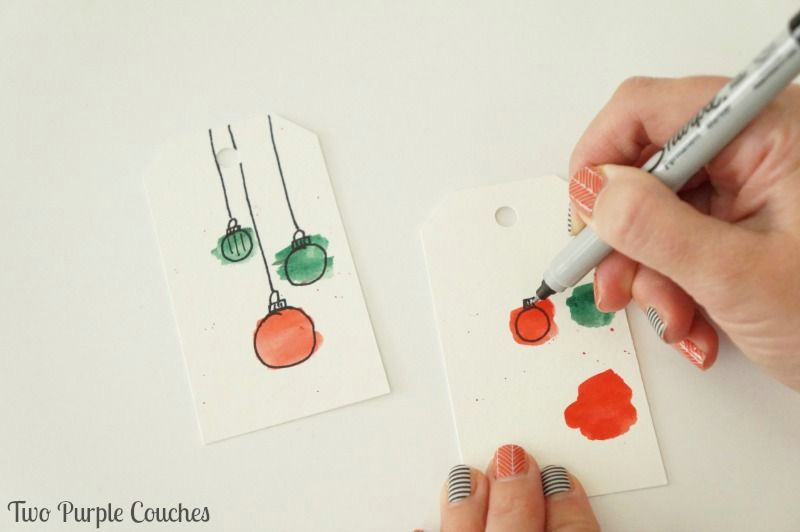 how easy is this paint circles with watercolors then draw on ornaments for a cute handmade gift tag