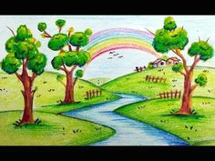how to draw very easy beautiful scenery with rainbow for kids