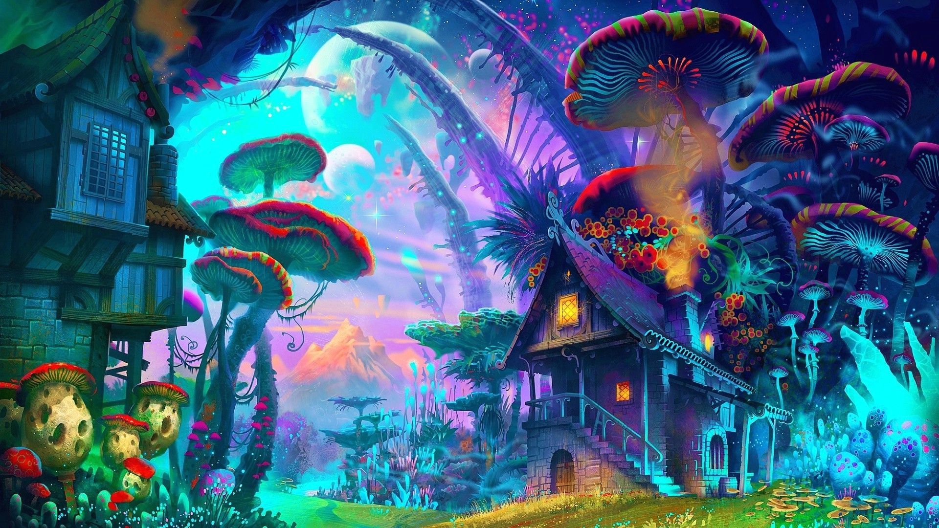 fantasy art drawing nature psychedelic colorful house mushroom planet plants mountain wallpaper and background