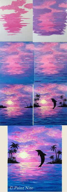 step by step painting dolphin joy beginner painting idea dolphin jumping in purple pink sunset