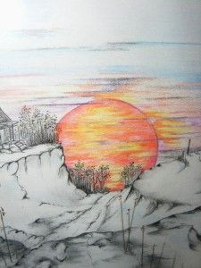 landscape drawings in coloured pencil original art colored pencil ink sunset landscape drawing matted