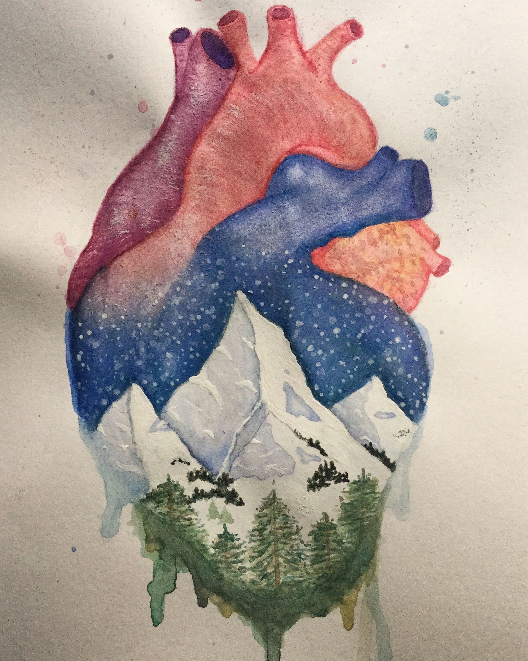 anatomical heart and winter mountain landscape watercolor painting
