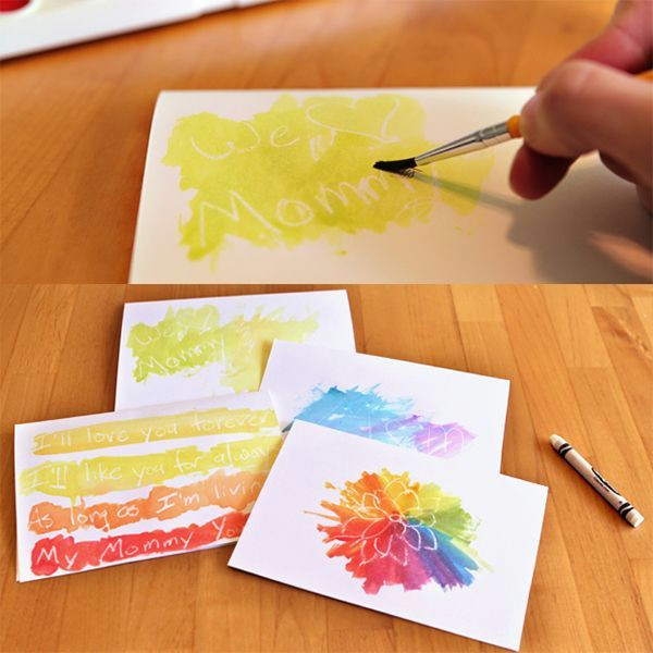 watercolor cards write or draw with a white crayon then put on the watercolours
