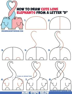 how to draw cute kawaii chibi elephants in love forming a heart with their trunks step by step drawing tutorial