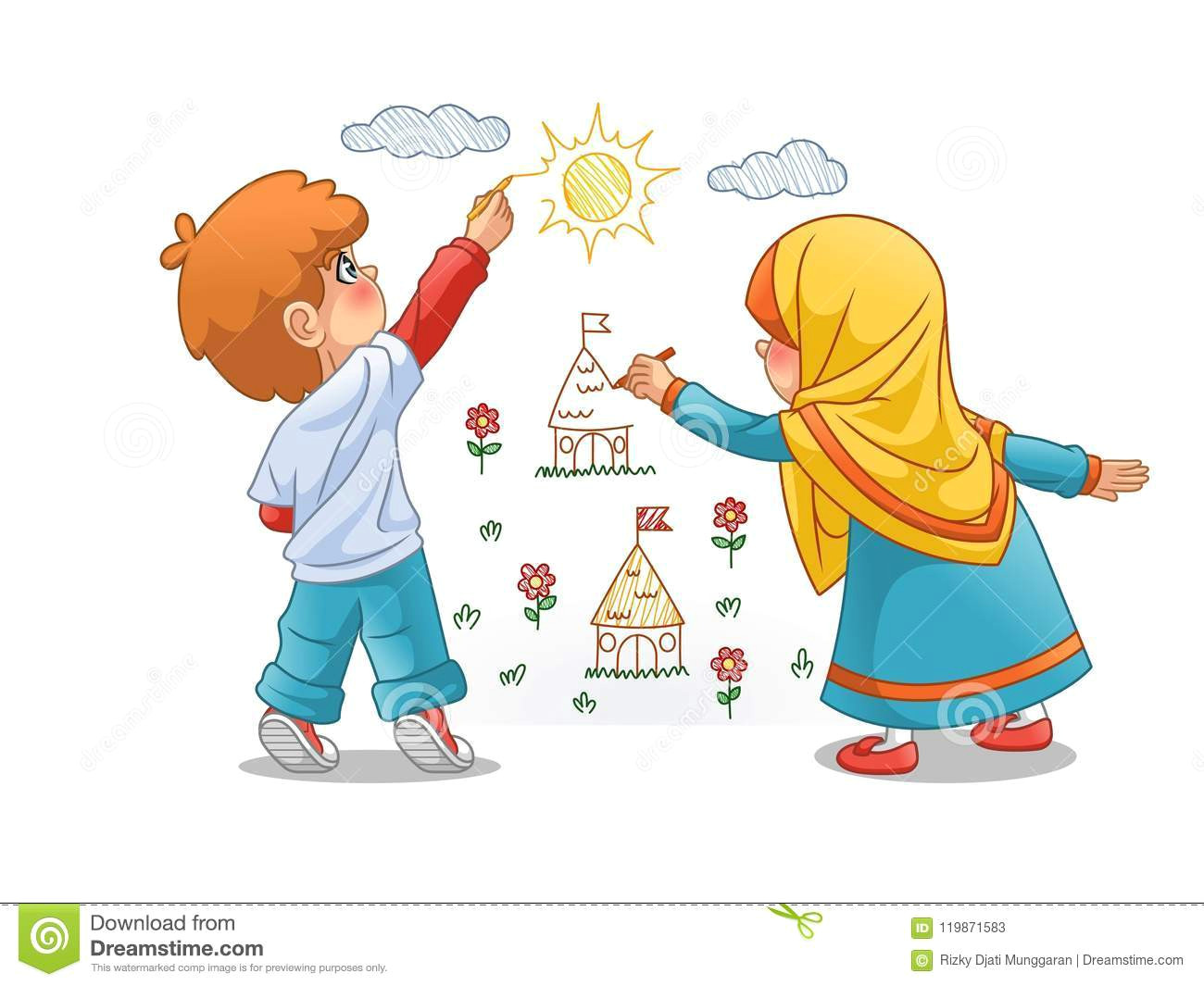 muslim girls and boy draw landscapes on the walls cartoon character design vector illustration isolated against white background