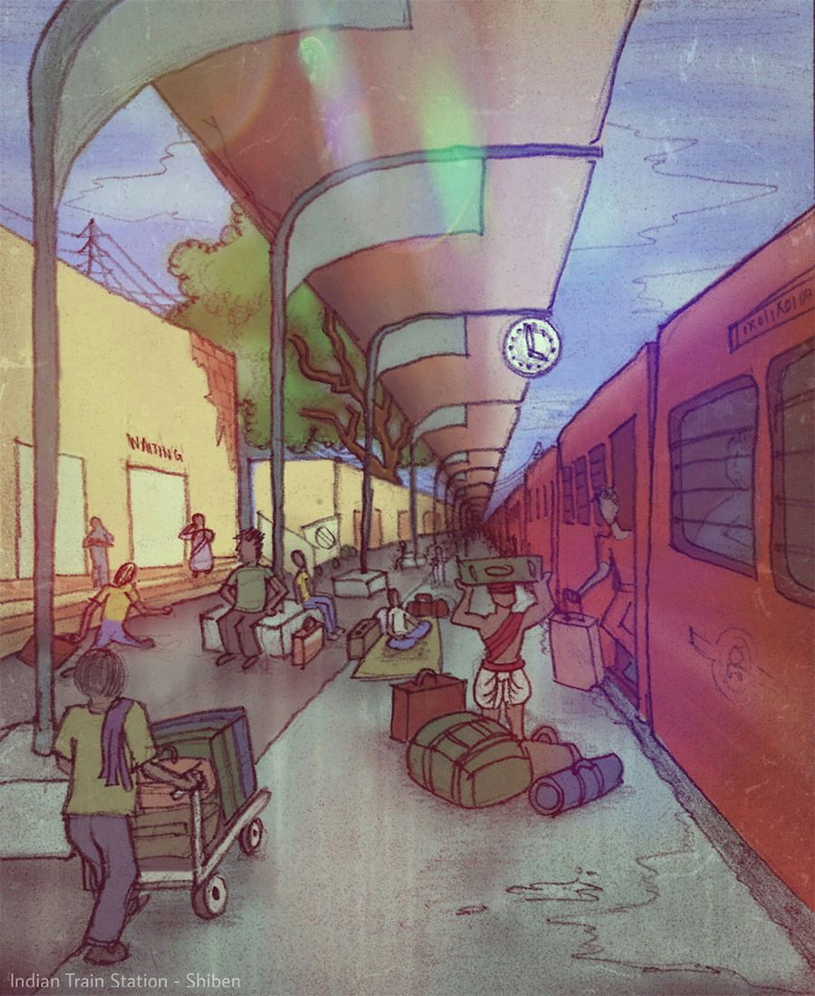 indian railway station drawn on paper colored in picsart