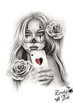 items similar to heartbreaker chicano tattoo clown girl playing card rose heart art print glossy emo fantasy girl zindy nielsen on etsy