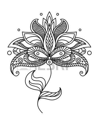 paisley line drawing ornate floral design element with a large flower and reduced leaves