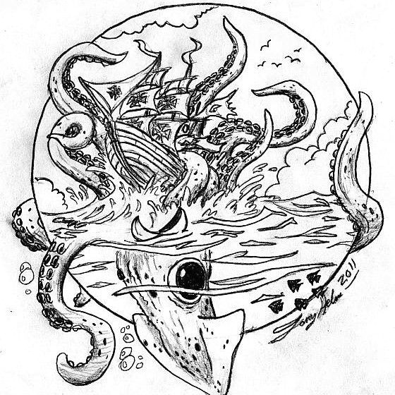 kracken attack square sail ship monster sea ship ocean water squid kracken fish art sketch doodle sailing