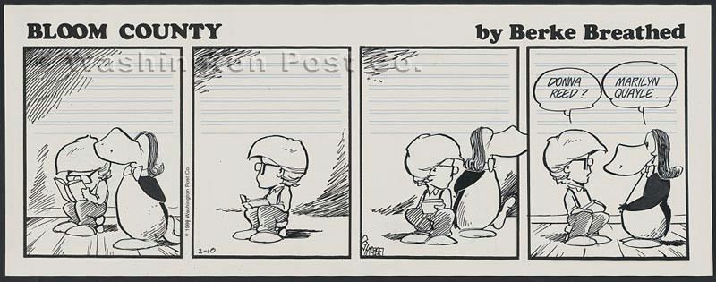 berke breathed bloom county milo bloom reads as opus the penguin walks past wearing a wig 1989 published by the washington post company february 10