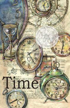 old clocks drawn on distressed dictionary page prints available for purchase at www