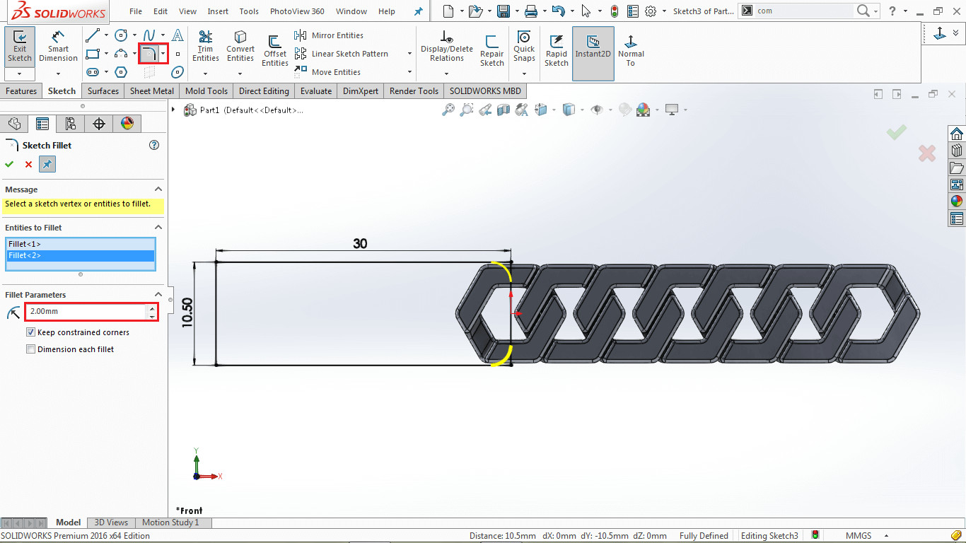after drawing the rectangles on the extreme links exit the sketcher area and then select extrude boss base command from the solidworks features tab and