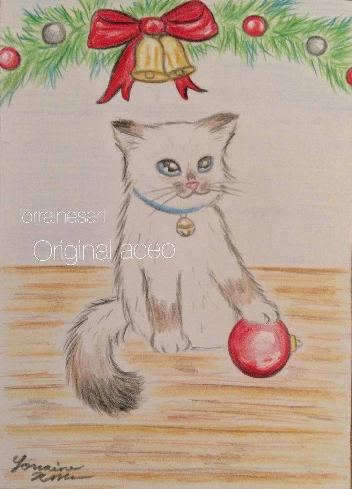aceo tw dec original cat christmas kitten drawing ragdoll cat