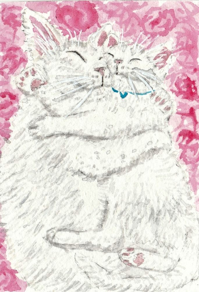 mother and baby cat valentines day gift watercolor aceo original painting miniature