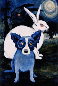 blue dog and bunnies blue dog painting blue dog art dog artist cat