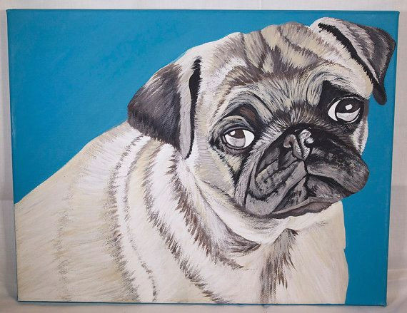 pug with blue background pet painting on by emtyspetpaintings
