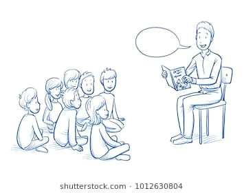 happy man teacher nurse or parent reading a book to a multi ethnic