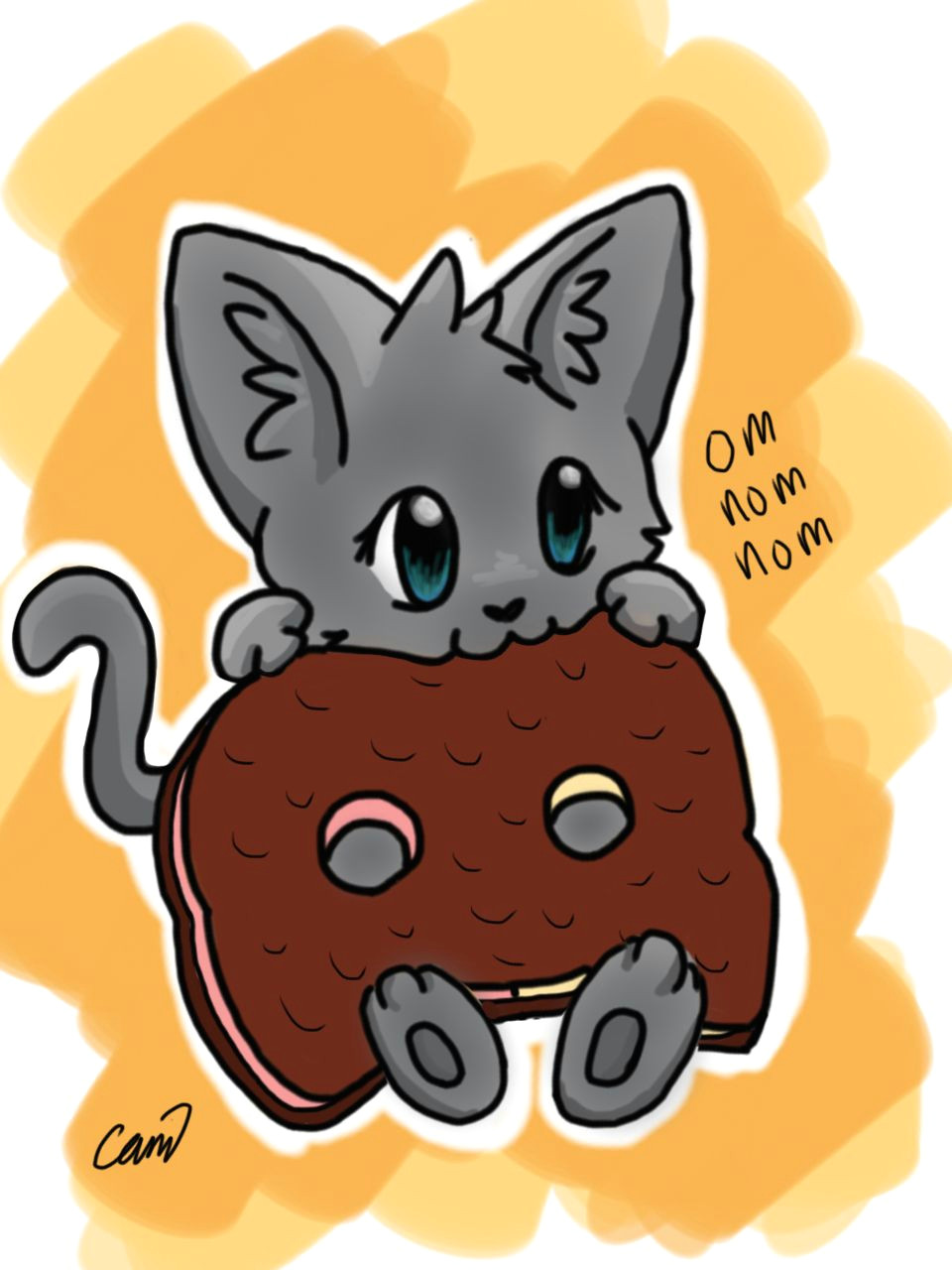 old cat eating a cookie cat by teal newt for impossible dreamer