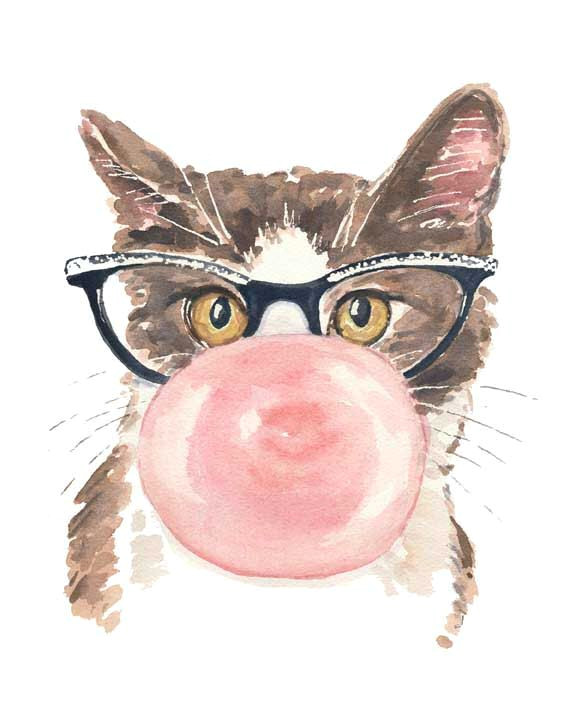 cat watercolor print 8x10 painting bubble gum cat eye glasses funny watercolor