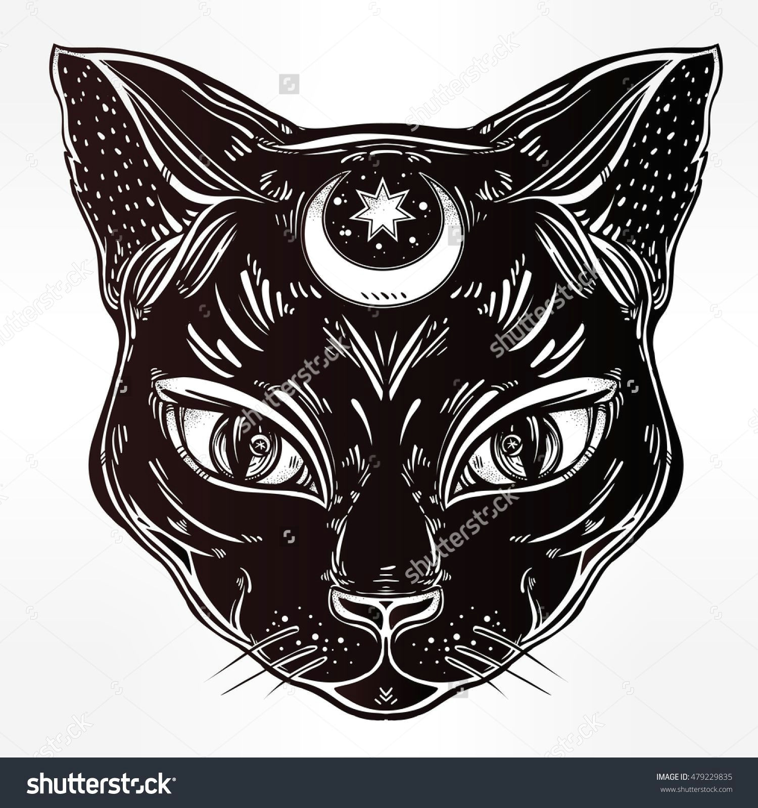 black cat head portrait with moon ideal halloween background tattoo art egyptian spirituality boho design perfect for print posters t shirts and
