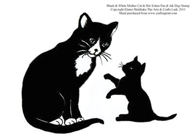 black white mother cat kitten pen ink digital stamp on craftsuprint add to basket
