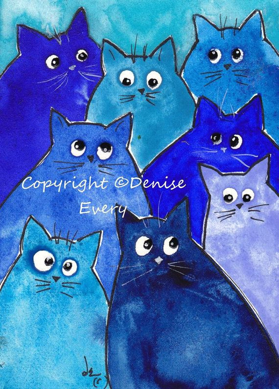 abstract whacky kitties cat aceo print art indigo royal periwinkle turquoise blue shades fun whimsical feline atc