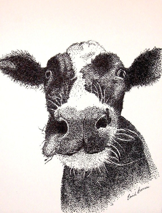 cow original pen and ink pointillism drawing