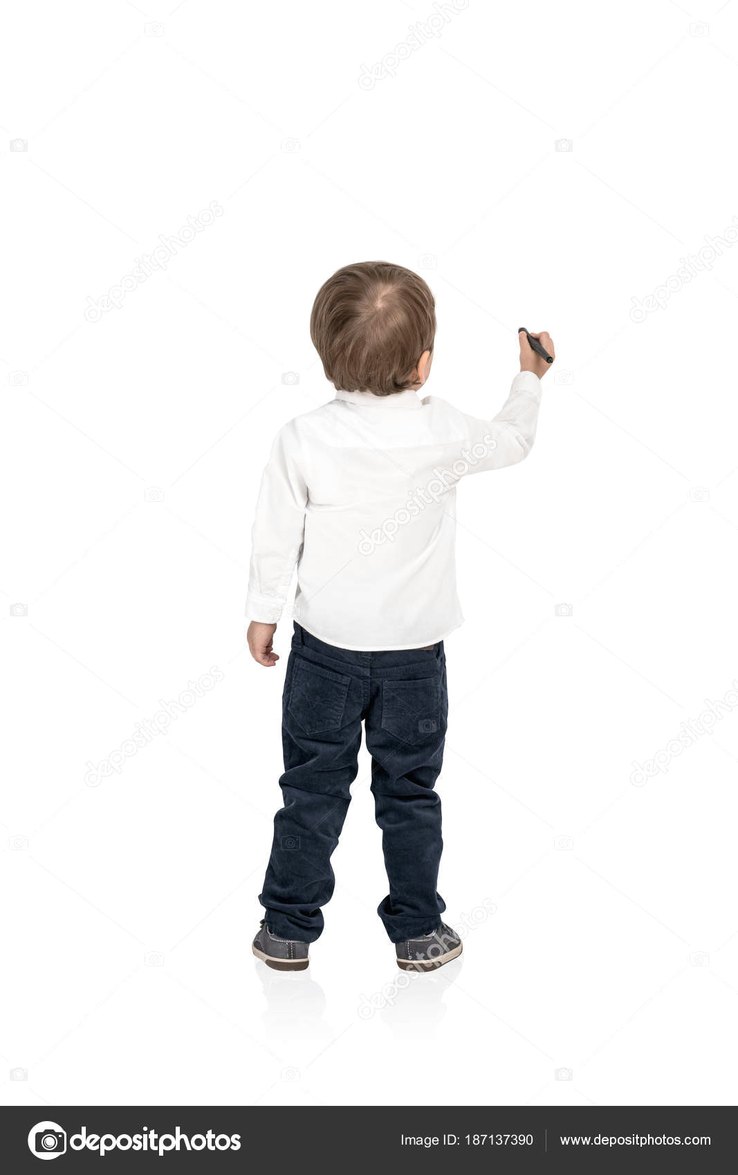 cute little boy writing drawing marker isolated stock photo