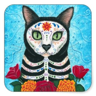 day of the dead cat sugar skull art sticker