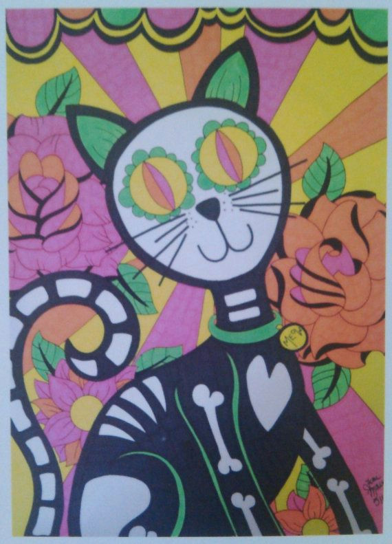 sugar skull cat day of the dead cat with roses 8x10 print dia de los muertos original alternative gift wall decor mexican inspired art