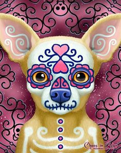 a chihuahua dog wearing a pink and blue dia de los muertos mask with a curvy