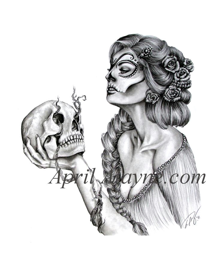 fanciful woman and skull tattoo