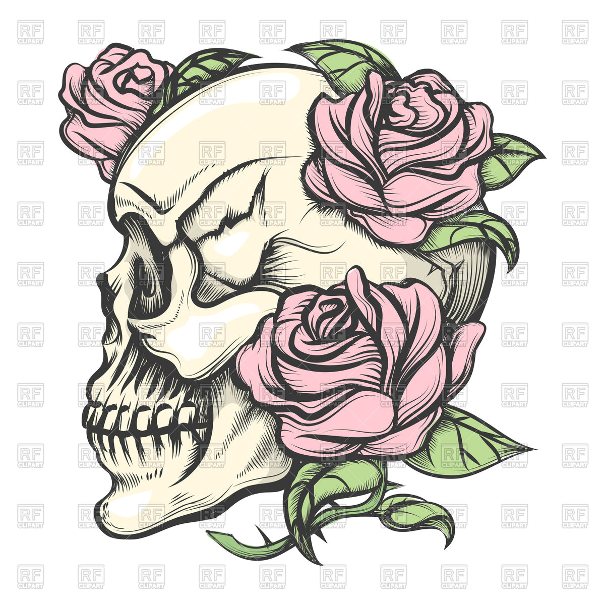 human skull with roses drawn in tattoo style vector image 105236