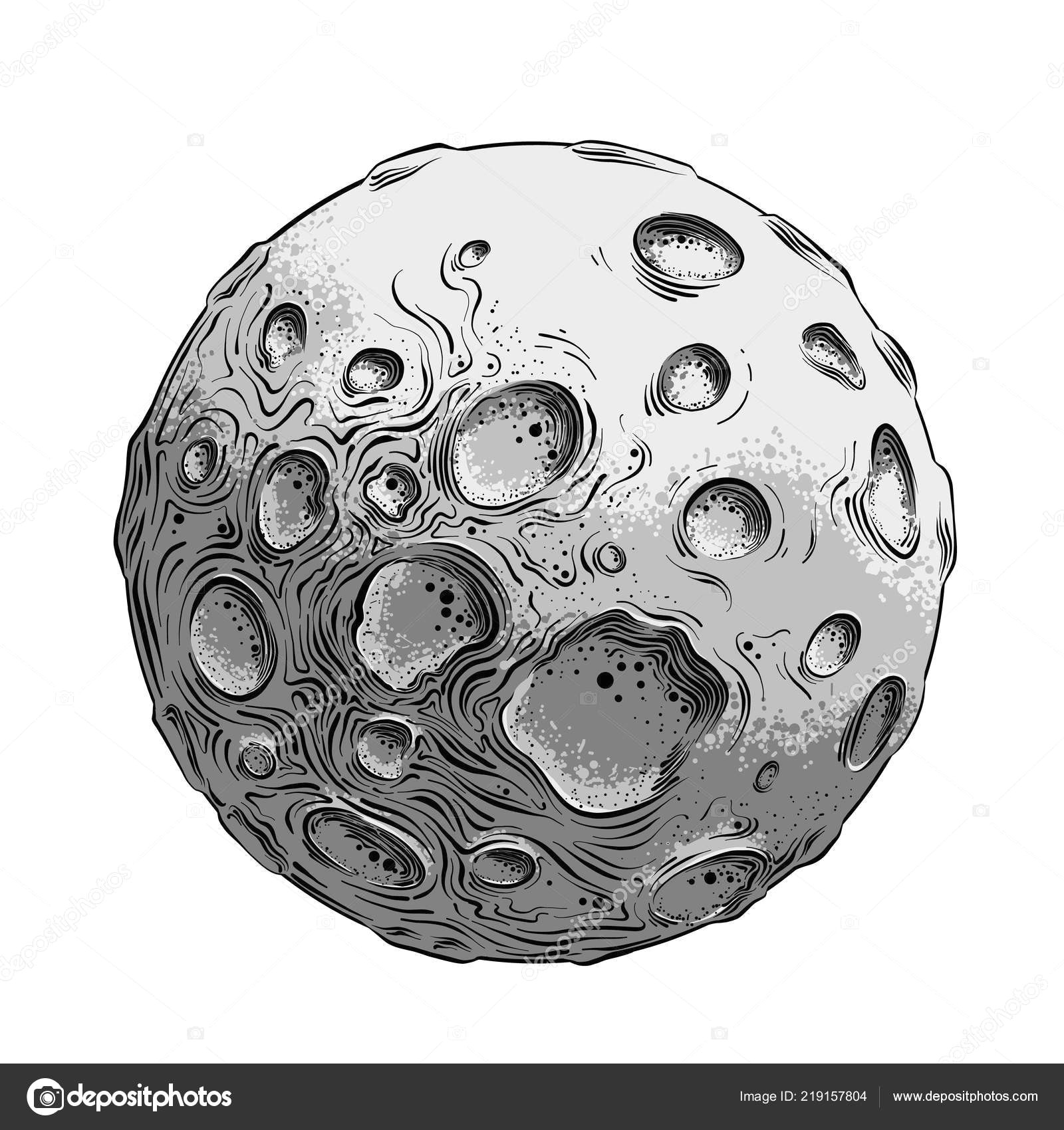 hand drawn sketch of moon planet in black and white color isolated on white background