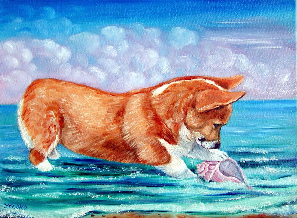 pembroke welsh corgi puppy dog original art oil painting seashell ocean beach