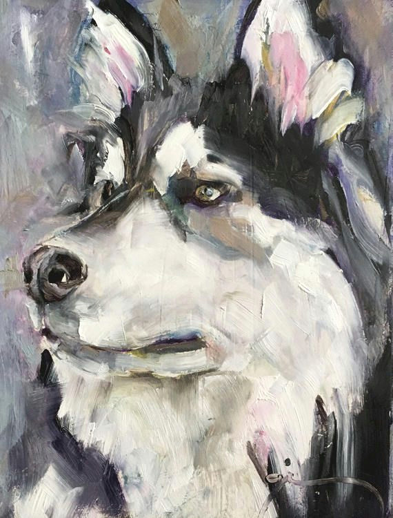 dog portrait original small oil painting one of a kind husky