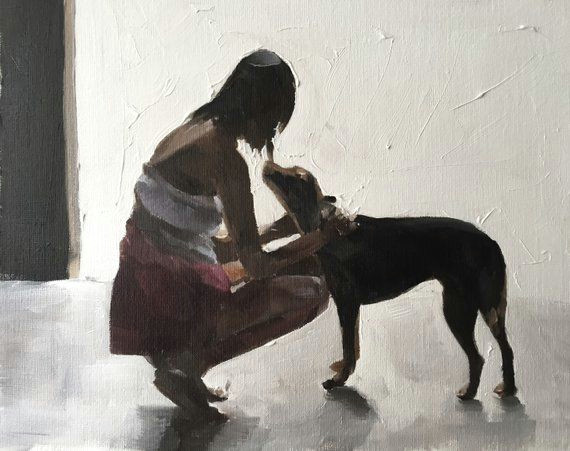 woman walking dog painting woman walking dog art print art print from original painting by j coates in 2019 painting painting dog paintings