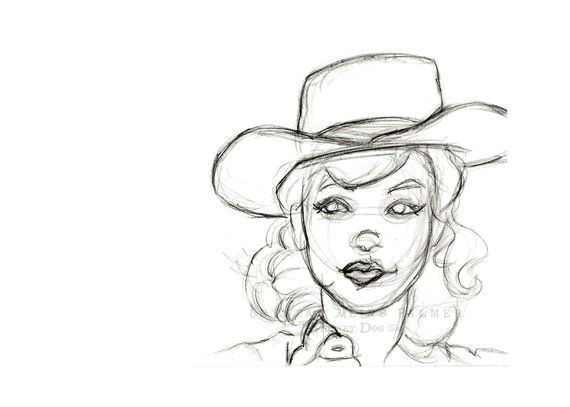 pencil sketch drawing of retro girl in cowboy hat 8x12 inch art print western rustic vintage black and white farmhouse wall art shabby chic