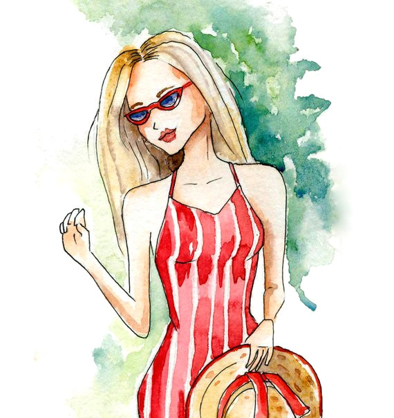 instant digital download watercolor fashion illustration fancy blond summer look watercolor gir