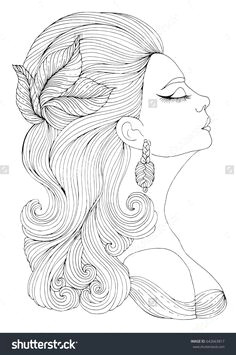 girl with wavy hair with a hairpin in the form of leaves art deco style decorated coloring page a4 size