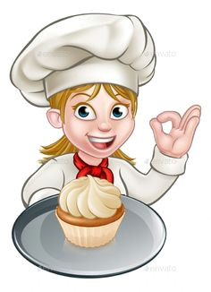 woman chef or baker cartoon by krisdog a woman chef or baker cartoon character holding a plate with a cupcake or fairy cake on it