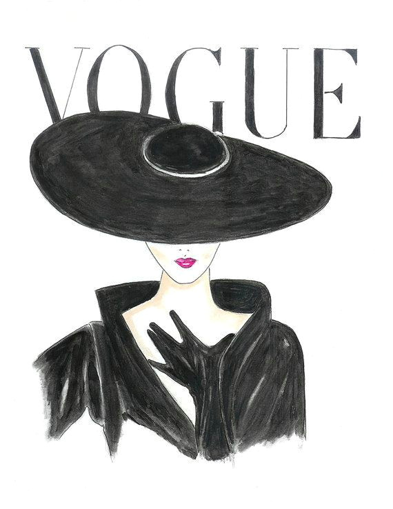 this is a print from my original hand drawn watercolor of a woman with black hat and red lipstick inspired by a vogue 1950s cover the print comes in sizes