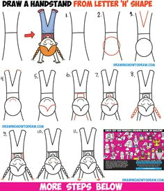 how to draw a cute cartoon kawaii girl doing a handstand from the letter h easy step by step drawing tutorial for kids