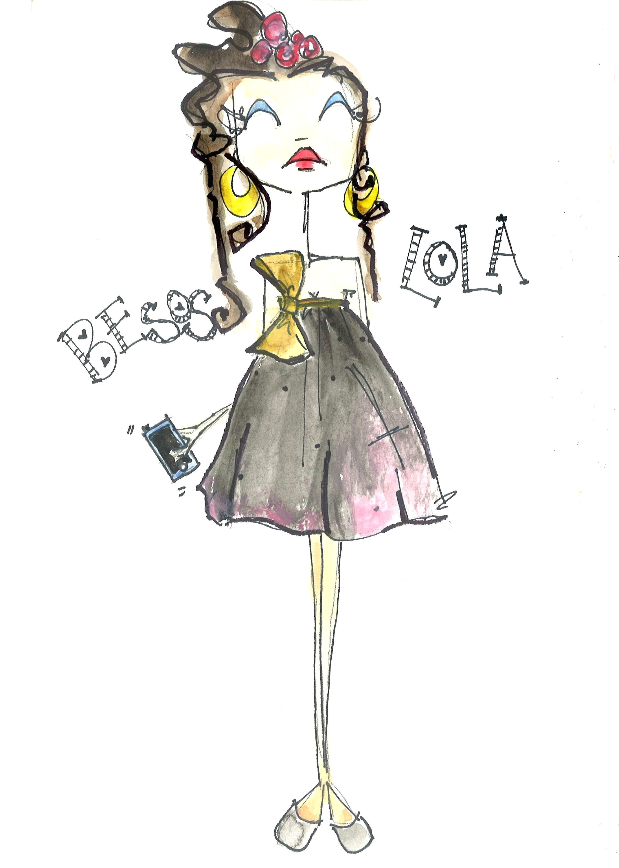 summer dreaming fashion sketch black tulle tent dress with pink lining and gold leather bow and binding at top