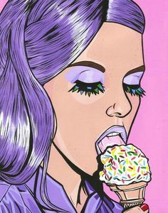 a matte print from original painting of a purple haired girl eating an ice cream cone each print is signed and dated on the back the original painting was