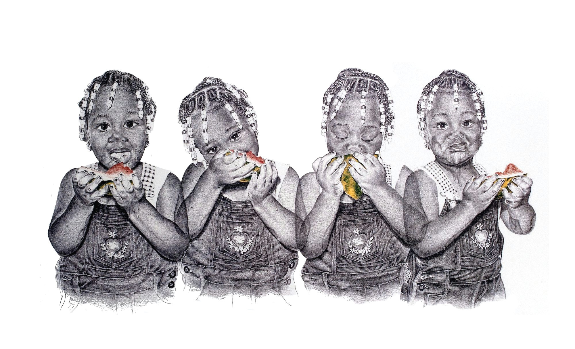 limited edition pencil drawing print of four girls eating a watermelon by world famous black artist john nelson print size 24x22