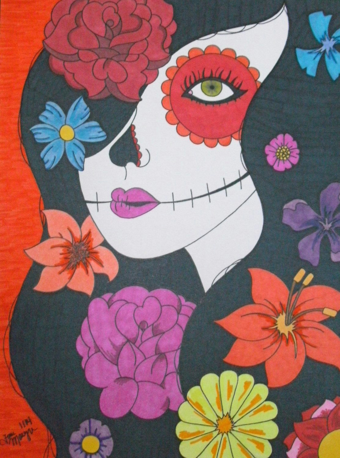 sugar skull girl flowers drawing 9x12 inch drawing day of the dead art sugar skull drawing mexican inspired art calavera drawing
