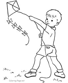 spring coloring page boy and kite