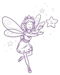 cute little happy fairy girl flying with a cute star hand drawn vector cartoon doodle illustration