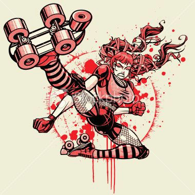 roller derby girl flying kick 3 color halftone version royalty free stock vector art illustration